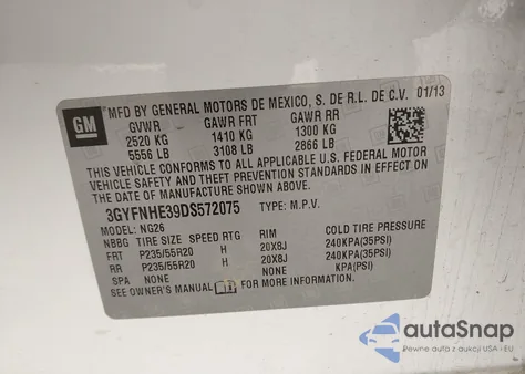 2013 Cadillac Srx Performance Collection z USA, uszkodzony, nr VIN 3GYFNHE39DS572075